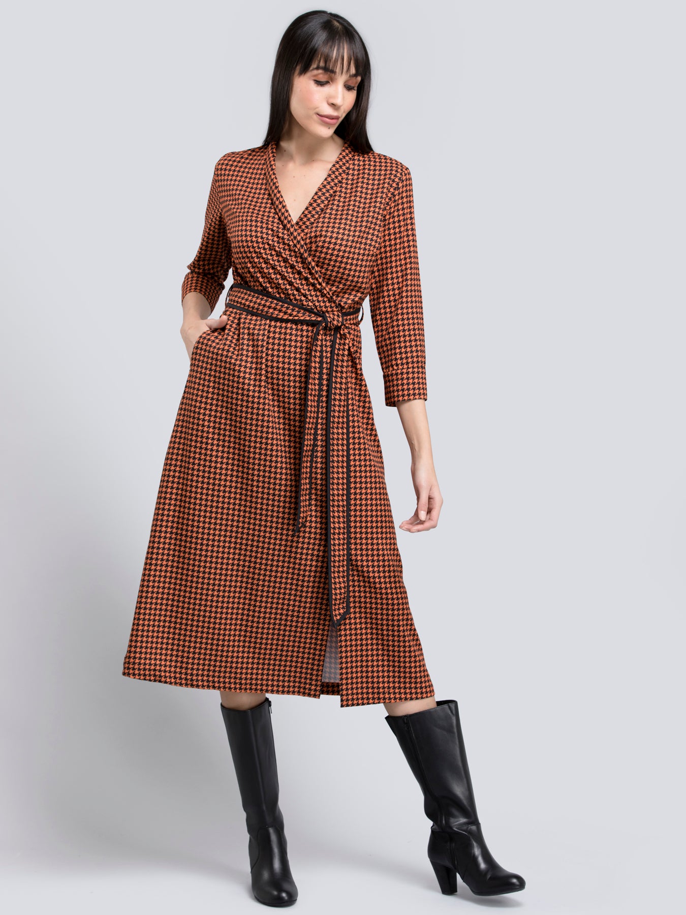 Black Houndstooth Print Faux Wrap Dress ...